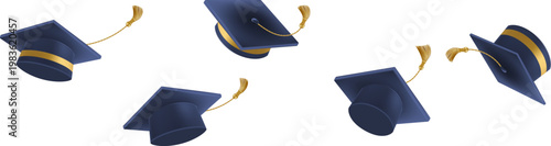 3d flying graduate hat. Vintage roll paper with black mortarboard. Graduation celebration party invitation, ad banner, promo poster. Vector illustration. EPS 10.