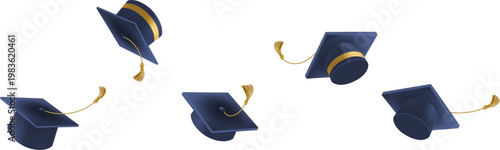 3d flying graduate hat. Vintage roll paper with black mortarboard. Graduation celebration party invitation, ad banner, promo poster. Vector illustration. EPS 10.