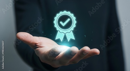 Understanding quality assurance concept with hand holding certification badge symbol icon design