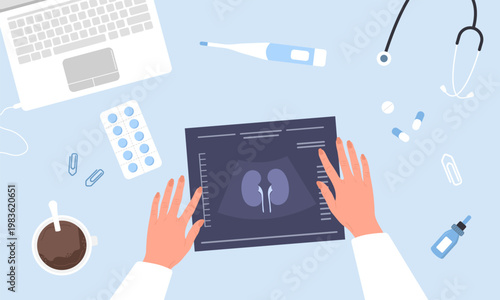 Nephrologist examining kidney ultrasound result for disease diagnosis and treatment. Medical care for cysts or cancer. Cartoon vector illustration. Top view workplace with pills and stethoscope.