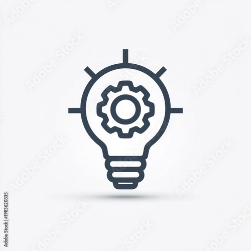 A dark blue outline icon of a light bulb containing a gear symbolizes innovation and mechanical solutions