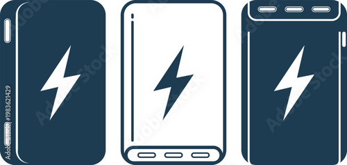Isometric power bank icon set, portable charger symbols with lightning bolt, smartphone charging devices, battery pack logo templates, modern tech energy icons vector illustration