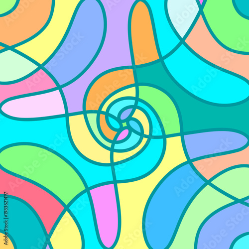 Ligne abstraite bleu-vert sur fond patchwork multicolore style groovy vectoriel