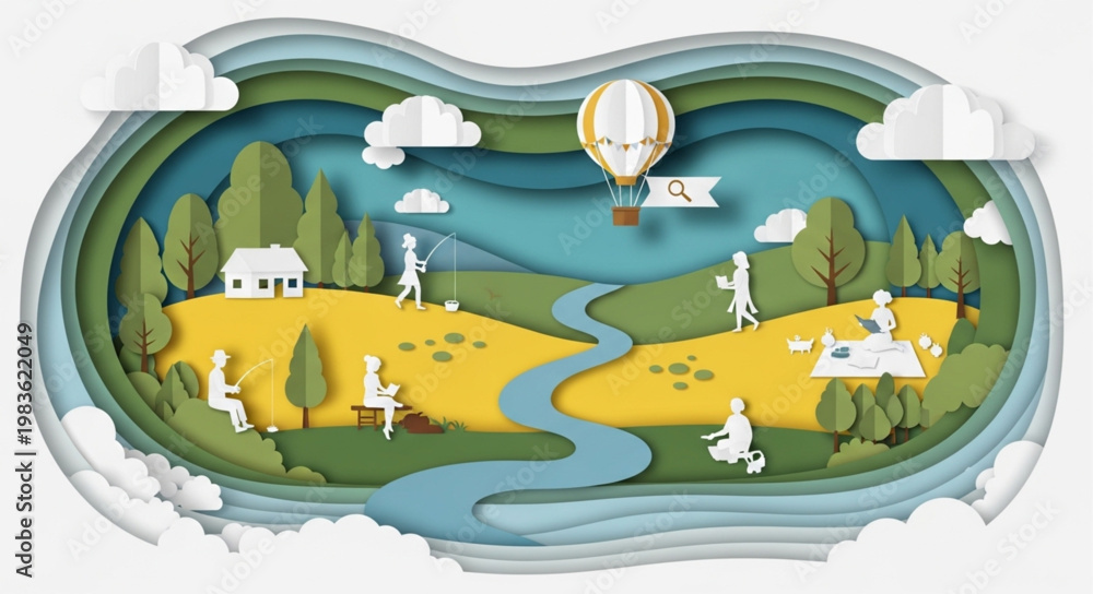 Naklejka premium Paper cutout countryside landscape with river and hotairballoon.