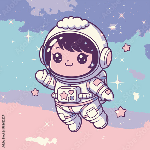 Cute kawaii girl astronaut in a white spacesuit with big eyes, smiling and waving.