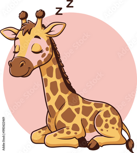 Cute sleeping cartoon giraffe with brown spots and a gentle smile, lying down peacefully.
