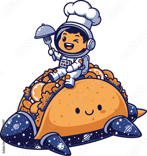 A whimsical cartoon astronaut chef in a spacesuit, winking while riding a flying taco spaceship with galaxy rockets.