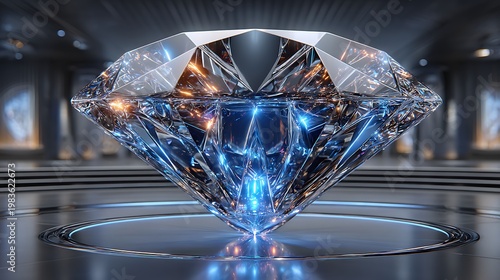 Blue and gold geometric crystal structure with gold particles, science concept