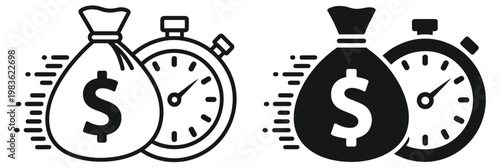 Quick loan finance icon, stopwatch and money symbol representing urgent cash advance, fast financial services, instant approval, lending solutions and professional banking concept