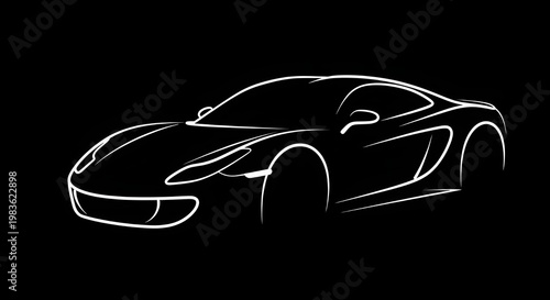 Glowing neon sports car outline on black background, futuristic speed concept