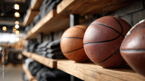 Colorful basketballs in a sporting goods store, showcasing variety of sports equipment on rustic wooden shelves, promoting sport, competition, and healthy lifestyle