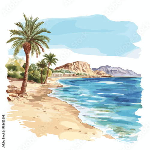Sharm El Sheikh and Ras Mohammed National Park. Sharm El Sheikh and Ras Mohammed National Park hand drawn watercolor illustration on white background