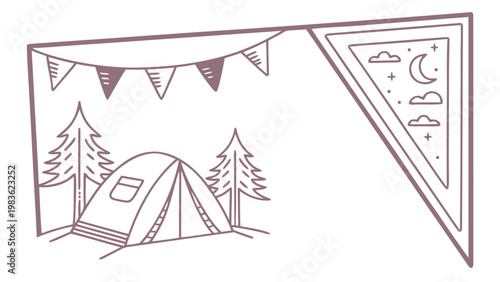 Cozy campsite scene with tent and festive bunting under a starry night sky.