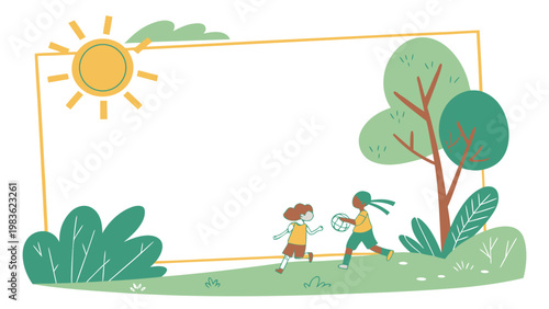 Children joyfully playing frisbee in a sunny park surrounded by nature and greenery.