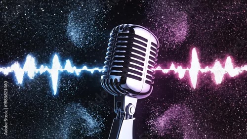 Retro microphone with glowing sound waves on dark background