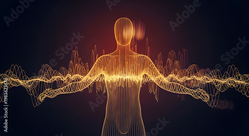 Abstract Human Silhouette with Sound Waves and Frequency Lines | Golden Bio-Resonance Energy Visualization | Digital Audio Representation of Music and Vibration | Futuristic Biofield Concept Art
