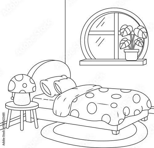 Bedroom Interior Coloring Page with Bed Lamp and Plants for Kids
