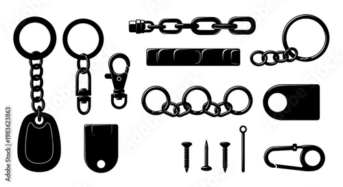 Collection of various metal keychains and fasteners.