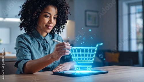 Person using stylus with glowing shopping cart hologram, symbolizing online shopping, e‑commerce technology, and digital business innovation.