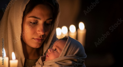 Close up of a woman in a head covering holding a swaddled infant by candlelight. Nativity scene of Mary and baby Jesus. Biblical faith and motherhood concept