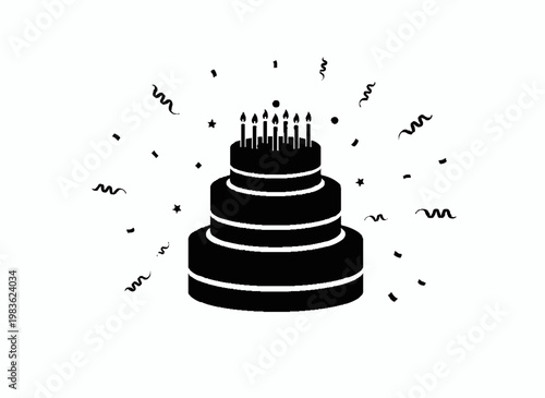 Obraz na plátně Festive Cake: A multi-tiered cake, adorned with lit candles and surrounded by celebratory confetti, symbolizes joyous occasions and sweet celebrations