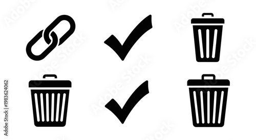 Black icons of link, check marks, and trash cans on white background.