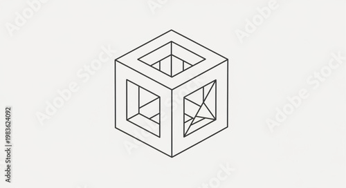 Isometric Wireframe Impossible Cube Line Drawing.
