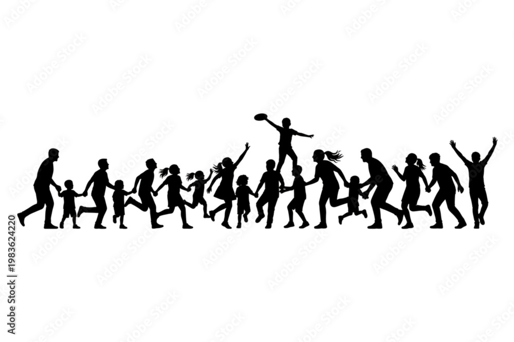 Fototapeta premium Joyful Silhouette of a Community: A diverse gathering of people, connected by hands, dashes forward in a silhouette, their unified forms embodying the spirit of community.