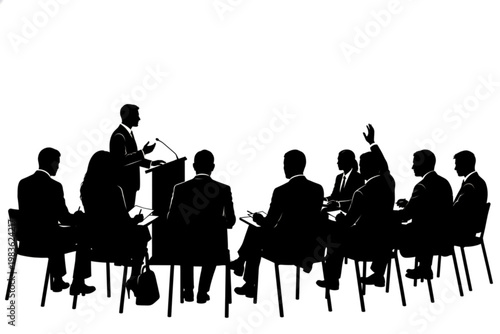 Corporate Collaboration: An illustration of a group of professionals engaged in a meeting, with one addressing the gathering.