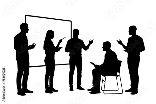 Silhouette of a Business Presentation: A group of individuals silhouetted against a simple backdrop, engaged in a dynamic business presentation or meeting. A concise image for business context.