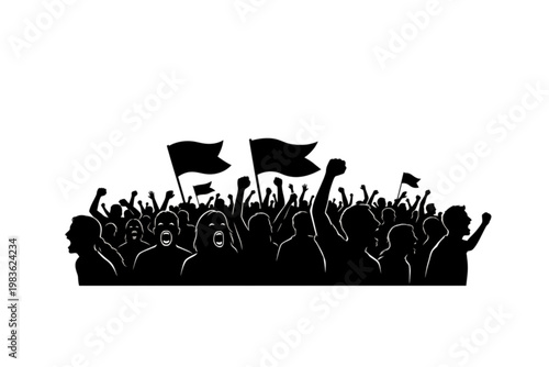 Collective Resonance: A silhouette of a crowd passionately rallies, their raised fists and flags symbolizing unity, dissent, and collective voice in a visual declaration.