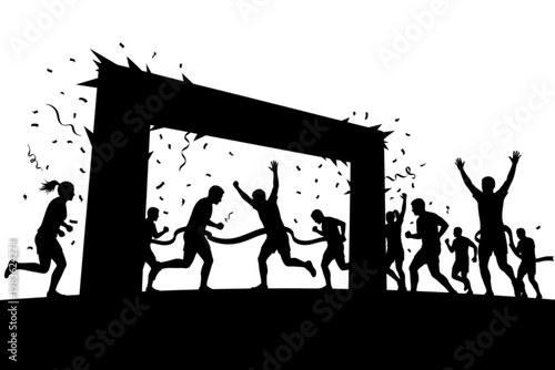 Silhouette of Victory: A powerful black and white silhouette captures the essence of competition as athletes surge toward the finish line, celebrating their triumph with arms raised.