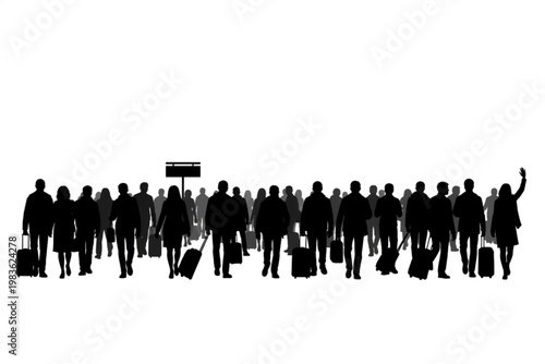Silhouette of Travelers: A sea of travelers move as silhouettes, their luggage in tow, navigating a busy transit hub, evoking the spirit of journeys, and the flow of people in transit.