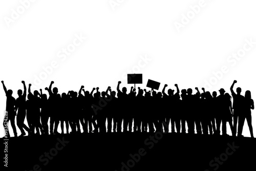 Silhouette of Solidarity: A crowd of people stand in unified silhouette, their raised fists and signs conveying a message of collective strength and unwavering conviction.