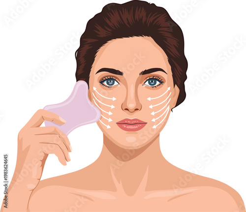 Woman performing facial massage with a pink gua sha tool