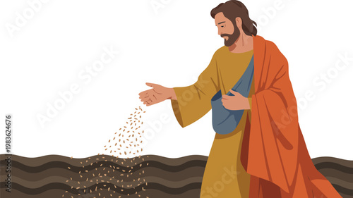 Jesus sowing seeds a biblical illustration with warm colors