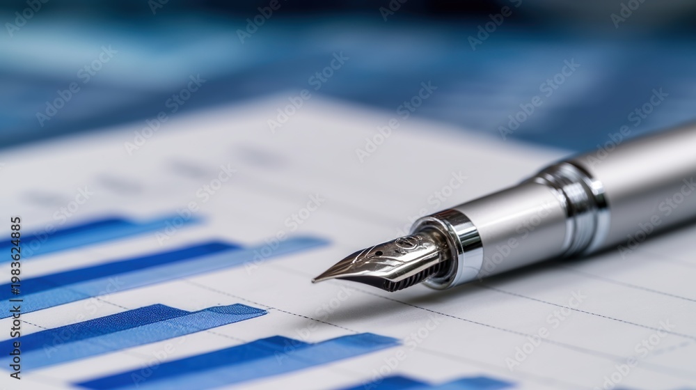 Fototapeta premium Close-up of a silver fountain pen resting on a financial graph with blue bars, symbolizing business analysis and investment.