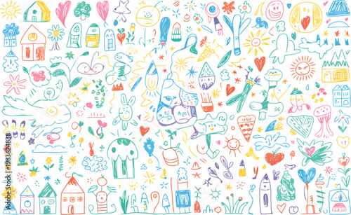 Colorful childlike doodles of houses hearts and various objects