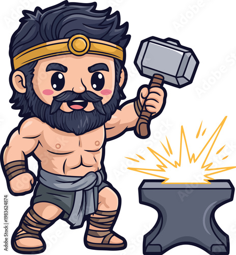 Cartoon blacksmith forging metal with a hammer and anvil