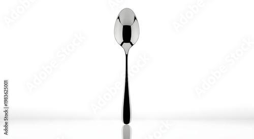 Minimalist silver spoon isolated on reflective white background with soft shadow
