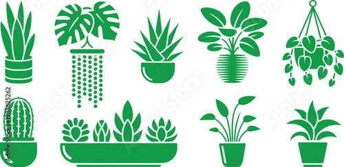 Indoor houseplant icon set. Potted flowers, succulents, cactus, and hanging home plants - stock vector