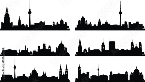 Vector set of Berlin city skyline silhouettes featuring Fernsehturm TV Tower and Berlin Cathedral icons for travel and tourism design