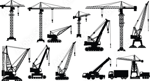Vector set of construction crane silhouettes featuring tower cranes mobile crawler cranes and heavy lifting machinery for industrial building projects