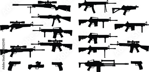 Vector set of various weapon silhouettes including sniper rifles assault rifles and handguns for tactical military and security design projects