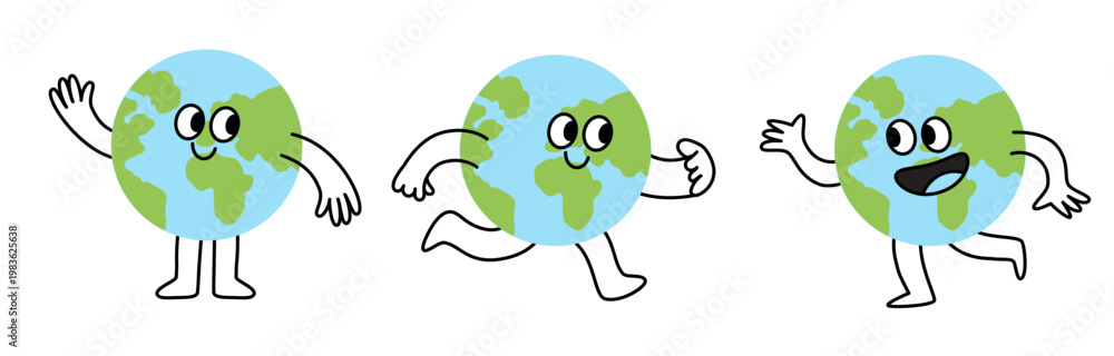 Fototapeta premium Vector illustration in flat linear minimal hand drawn simple style and logo design template, ecology concept, funny friendly planet earth mascot