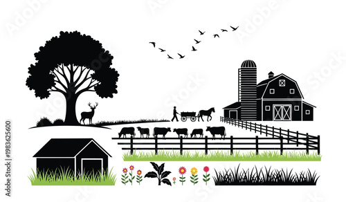 A peaceful rural scene depicts a farm with a barn grazing cows a deer and a horse drawn carriage all in silhouette high quality