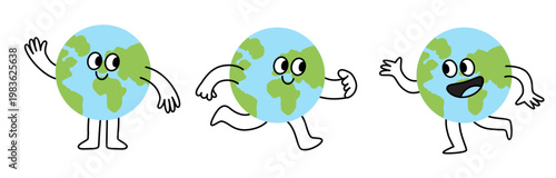 Vector illustration in flat linear minimal hand drawn simple style and logo design template, ecology concept, funny friendly planet earth mascot