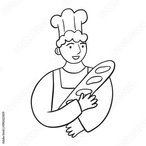 Male chef baker holding fresh baguette bread vector outline illustration