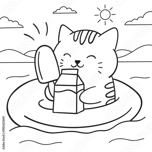 Coloring page featuring a happy cat floating on a swim ring in the water, holding a popsicle and a milk carton during a sunny summer day.
