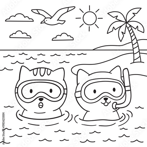 Coloring page of a happy cartoon cat relaxing on a tropical beach under a palm tree with ocean waves.